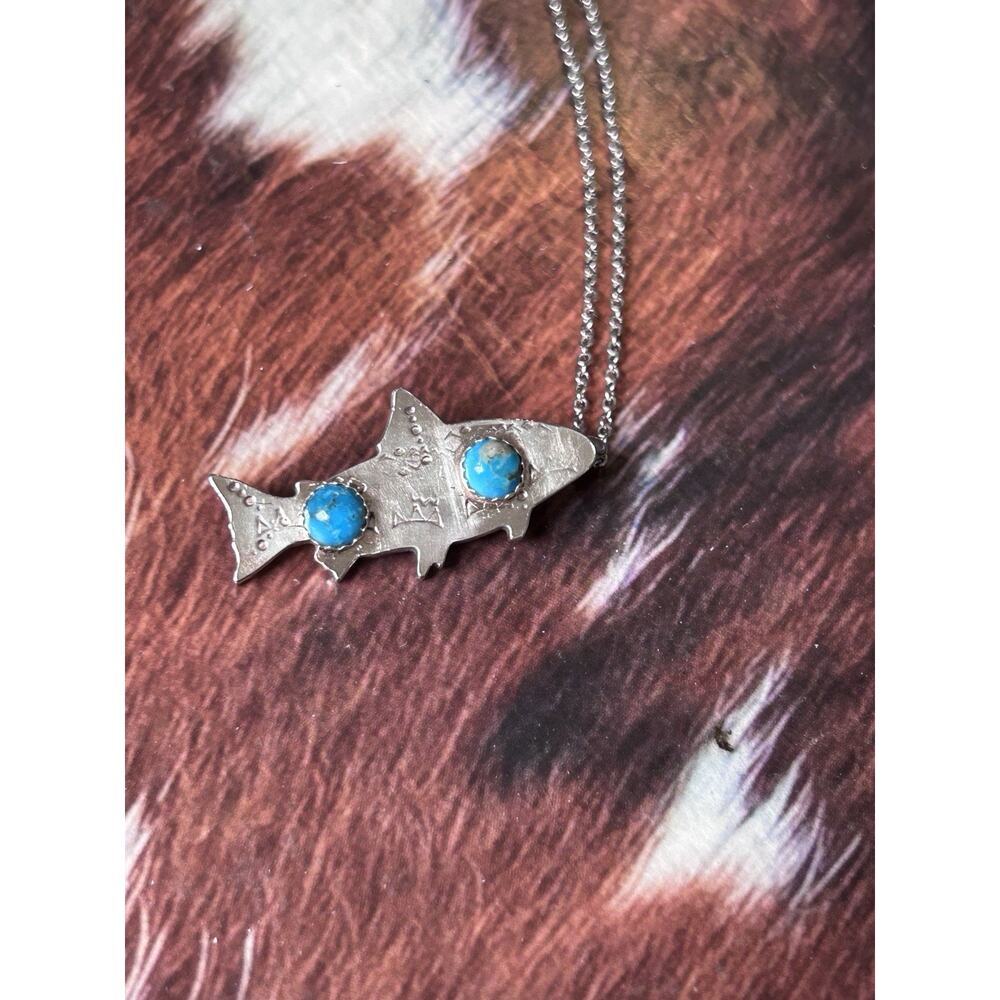 Silver Trout Fish Hand Stamped Pendent On A Chain Kingman Turquoise Necklace New - Picture 5 of 6